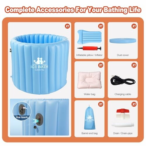 Complete accessories for inflatable ice bath including pump, pillow, cover, and more.