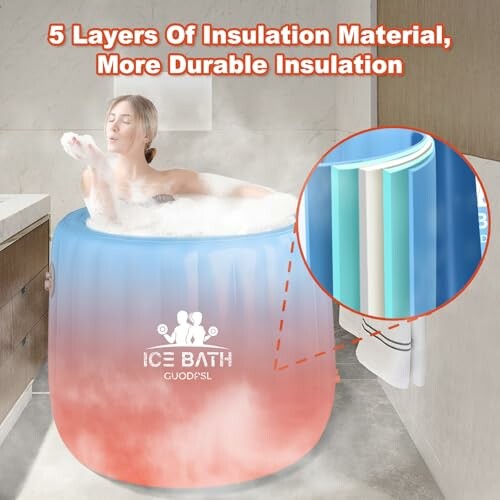 Woman in an insulated ice bath tub with illustration of insulation layers.