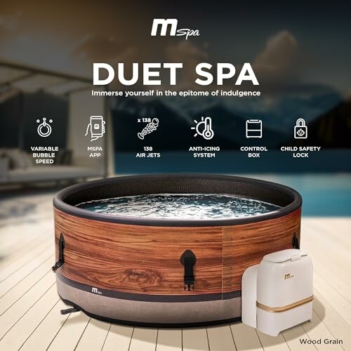 MSpa Duet Spa with features like variable bubble speed, app control, 138 air jets, anti-icing system, control box, child safety lock