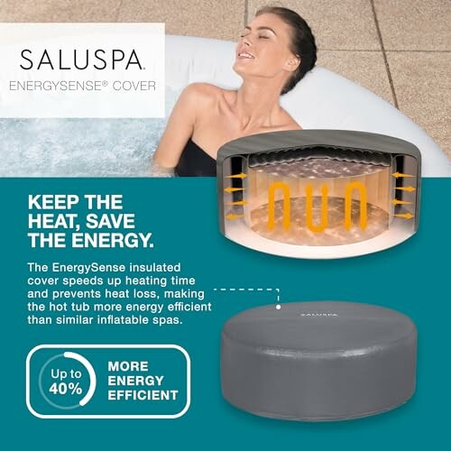 Woman relaxing in a hot tub with Saluspa EnergySense cover, highlighting energy efficiency and heat retention.