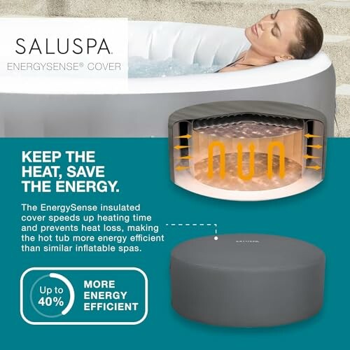 Woman relaxing in hot tub with EnergySense cover, highlighting energy efficiency.