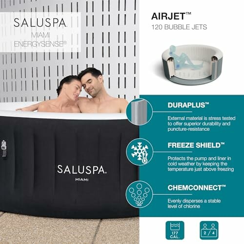 Couple in SaluSpa Miami hot tub with feature highlights.